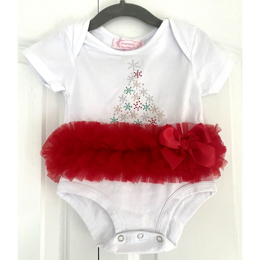 Popatu Baby Girl's Size 12M Christmas Tree Red Bow Holiday Bodysuit White/Red